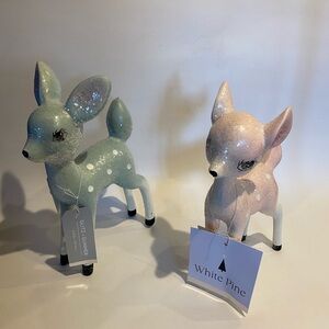 Retro Vintage Style Christmas Holiday Sparkle Deer Pink & Blue Set of Two